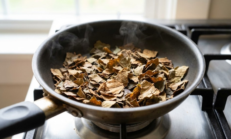 乾燥したいちじくの葉をフライパンで焙煎し、香りを引き出す工程。自家製いちじく茶の作り方。